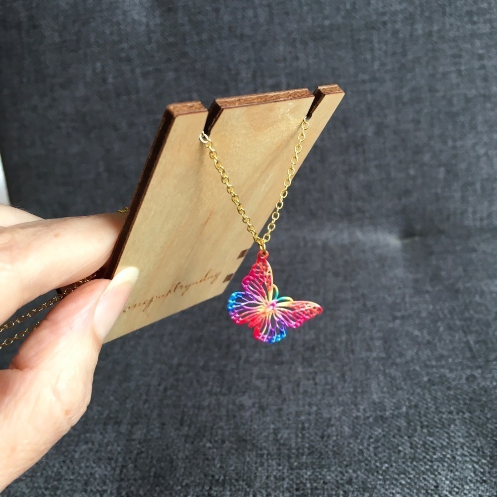 Butterfly Pendant Necklace Red Pink 18 Inches - Picture 5 of 17